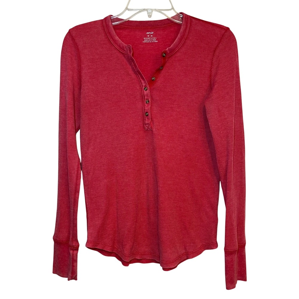 Aerie Shirt Long Sleeve Thermal Waffle‎ Henley Red Distressed Medium